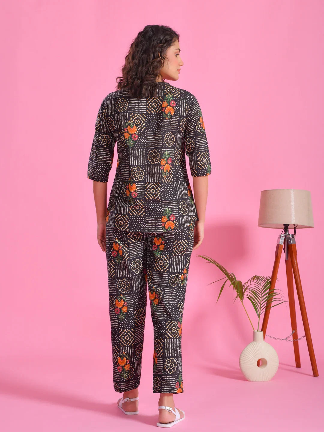 Black Flower Printed Cotton Night Suit Set - SanskrutiHomes 