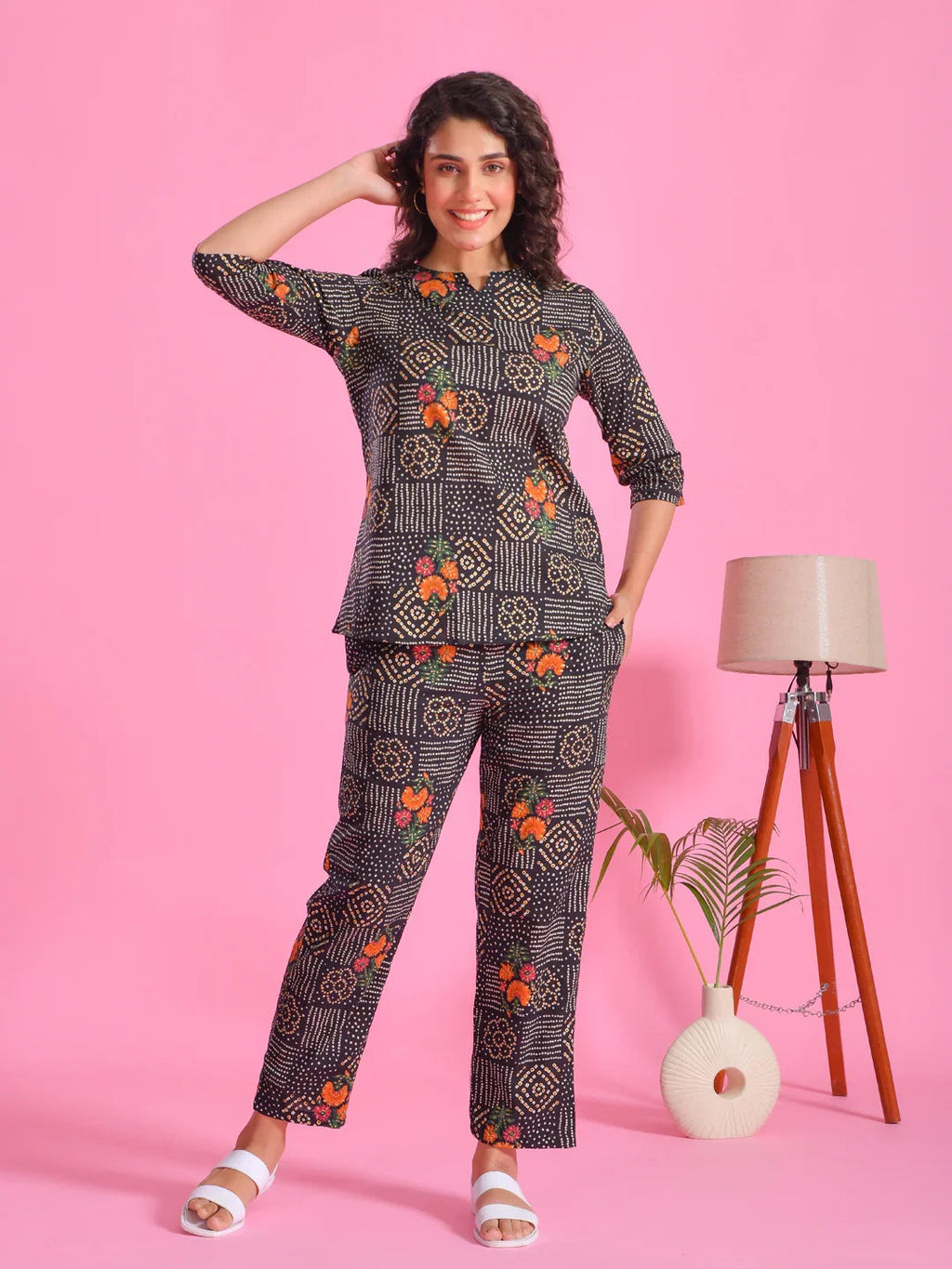 Black Flower Printed Cotton Night Suit Set - SanskrutiHomes 