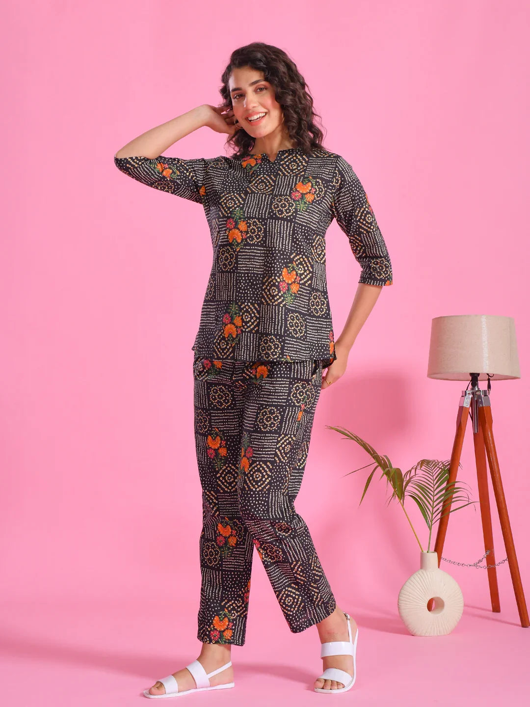 Black Flower Printed Cotton Night Suit Set - SanskrutiHomes 
