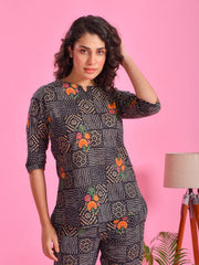 Black Flower Printed Cotton Night Suit Set - SanskrutiHomes 