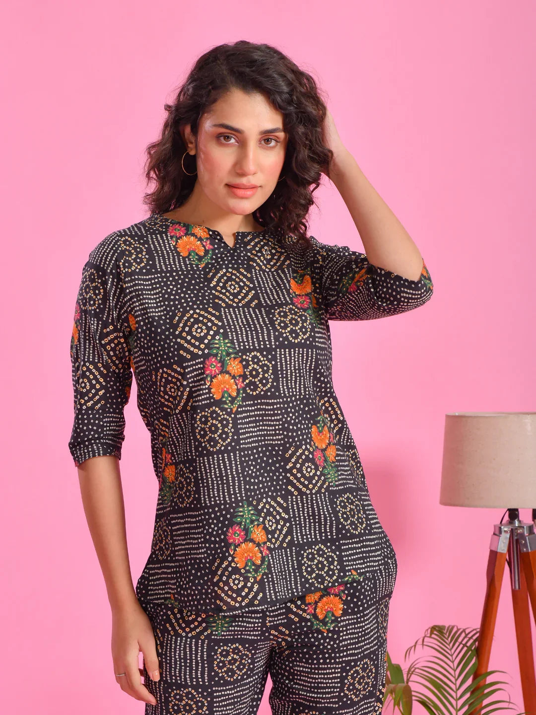 Black Flower Printed Cotton Night Suit Set - SanskrutiHomes 