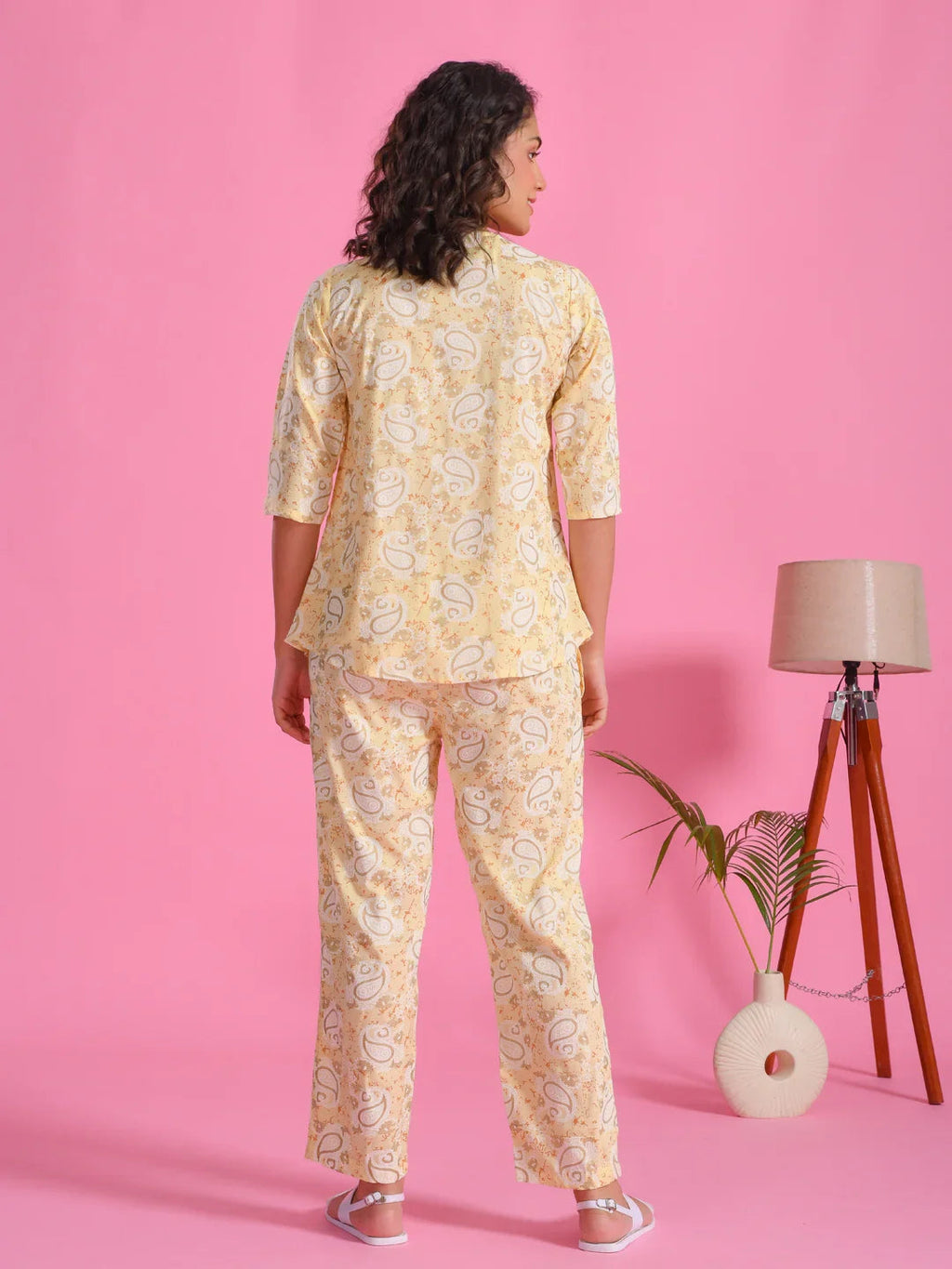 Yellow Printed Round Neck Night Suit Set - SanskrutiHomes 