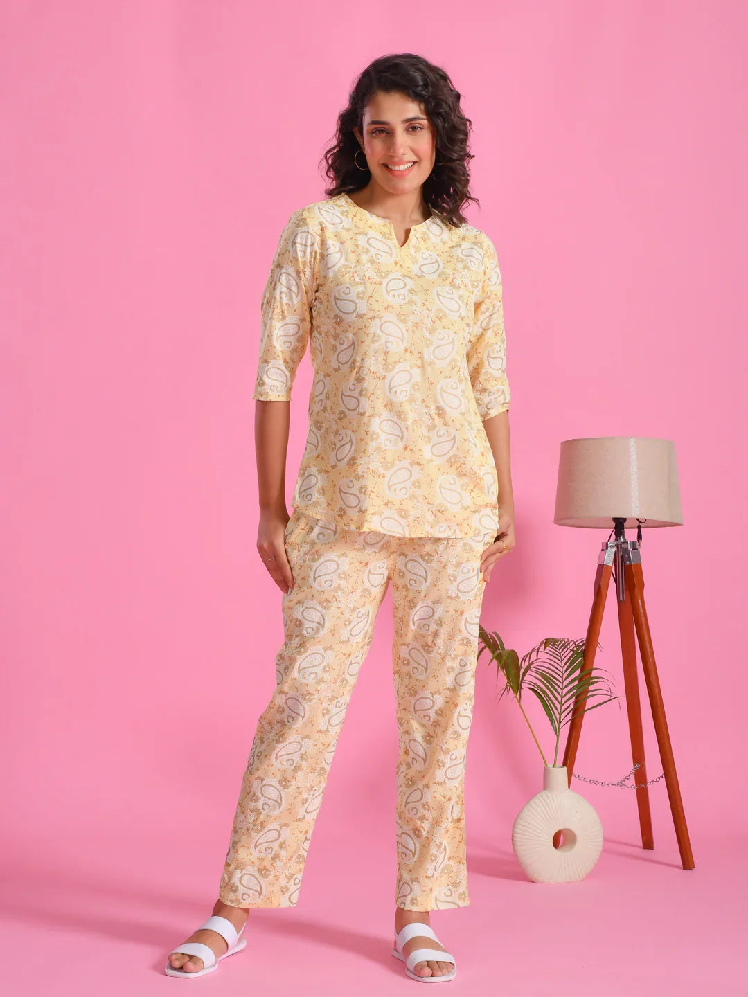 Yellow Printed Round Neck Night Suit Set - SanskrutiHomes 