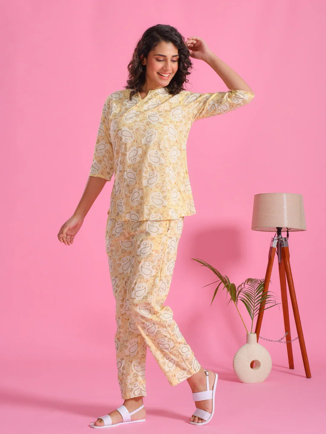 Yellow Printed Round Neck Night Suit Set - SanskrutiHomes 