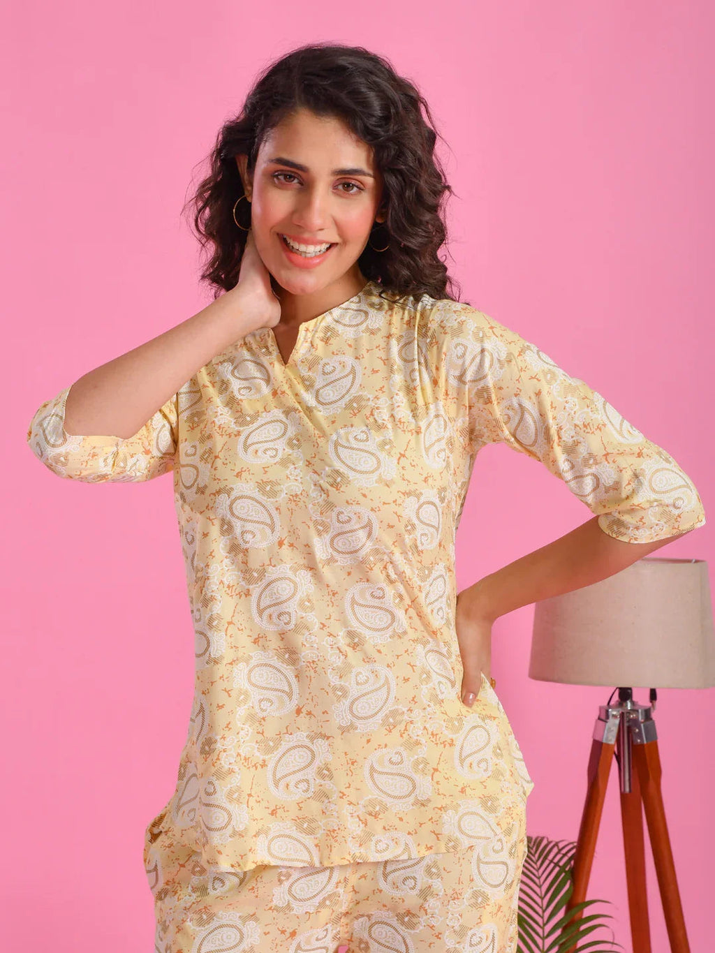 Yellow Printed Round Neck Night Suit Set - SanskrutiHomes 