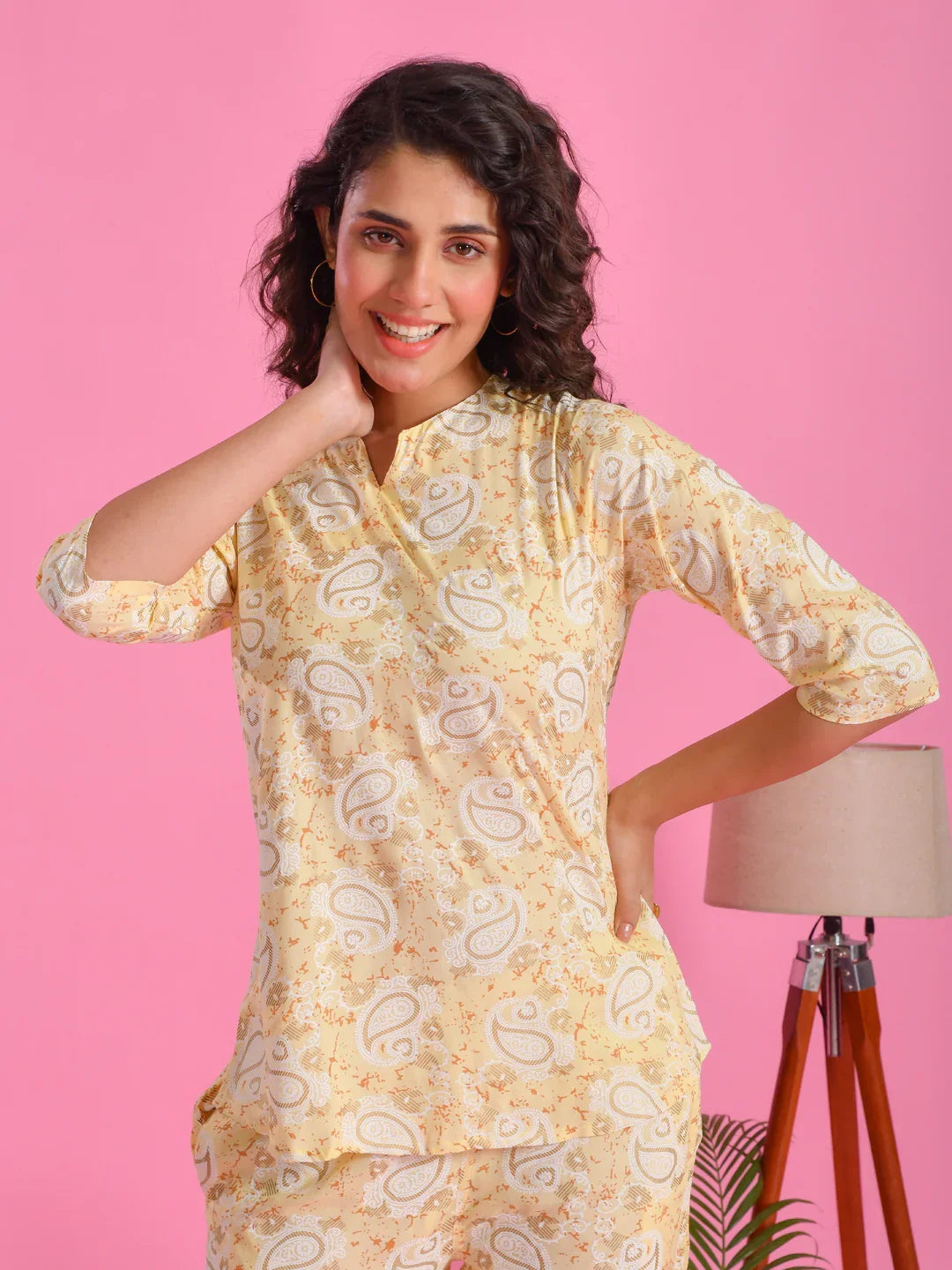 Yellow Printed Round Neck Night Suit Set - SanskrutiHomes 