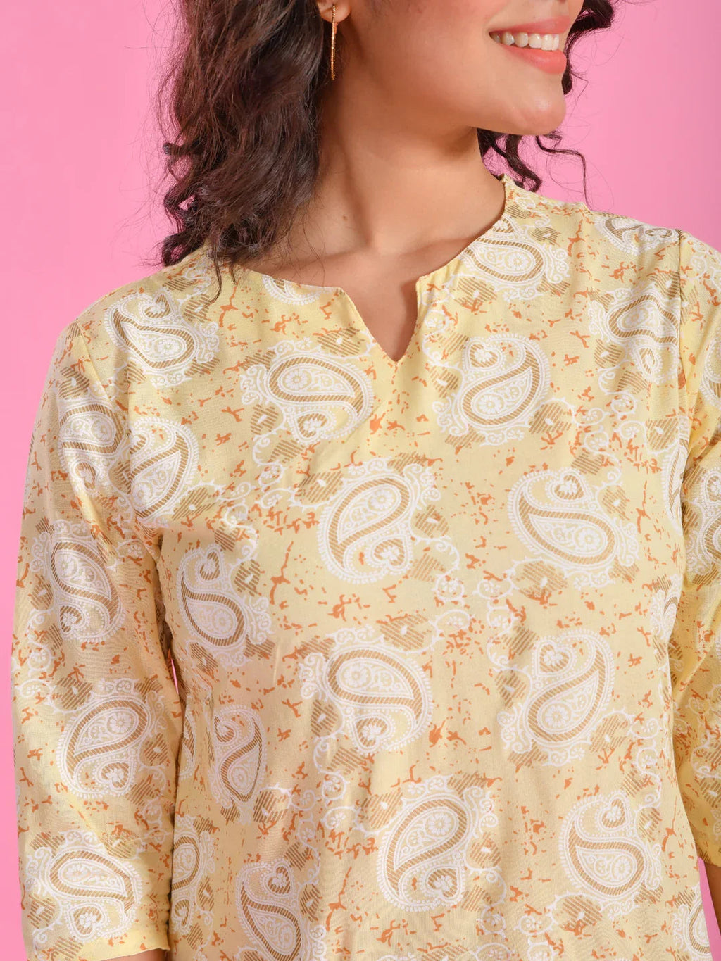 Yellow Printed Round Neck Night Suit Set - SanskrutiHomes 
