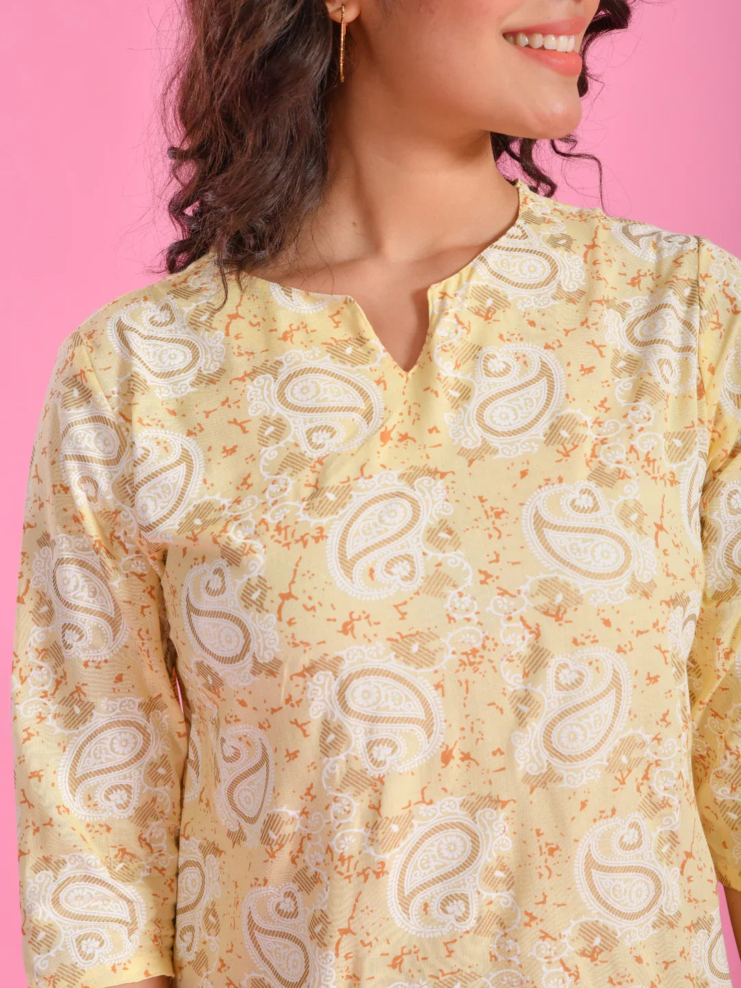 Yellow Printed Round Neck Night Suit Set - SanskrutiHomes 