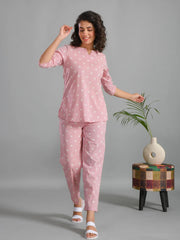 Pink Plolka Dots Round Neck Night Suit - SanskrutiHomes 