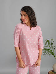 Pink Plolka Dots Round Neck Night Suit - SanskrutiHomes 