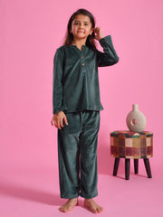 Green Velvet Round Neck Night Suit - SanskrutiHomes 
