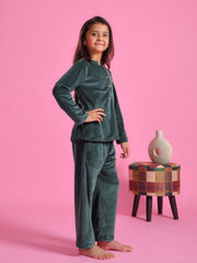 Green Velvet Round Neck Night Suit - SanskrutiHomes 