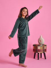 Green Velvet Round Neck Night Suit - SanskrutiHomes 