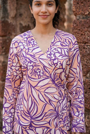 Lavender Abstract Print V-Neck Cotton Co Ord Set For Women
