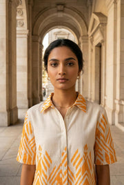 Orange Shirt Collar Pure Cotton Co-Ords Set For Women