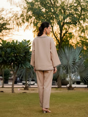 Beige Pure Cotton Solid V-Neck Co-ords Set for Women - SanskrutiHomes 