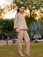 Beige Pure Cotton Solid V-Neck Co-ords Set for Women - SanskrutiHomes 