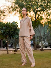Beige Pure Cotton Solid V-Neck Co-ords Set for Women - SanskrutiHomes 