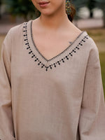 Beige Pure Cotton Solid V-Neck Co-ords Set for Women - SanskrutiHomes 