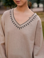 Beige Pure Cotton Solid V-Neck Co-ords Set for Women - SanskrutiHomes 