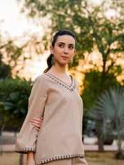 Beige Pure Cotton Solid V-Neck Co-ords Set for Women - SanskrutiHomes 