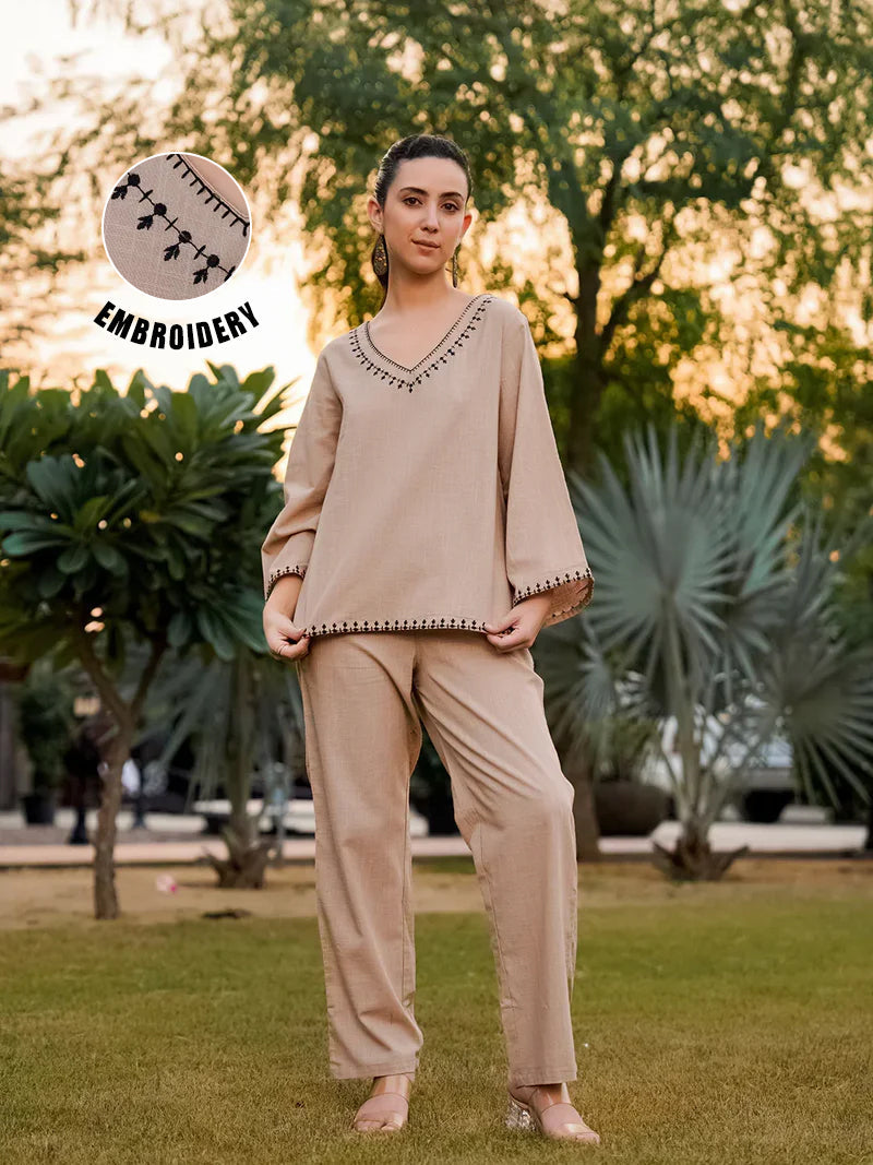 Beige Pure Cotton Solid V-Neck  Co-Ords Set For Women