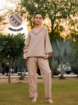 Beige Pure Cotton Solid V-Neck  Co-Ords Set For Women
