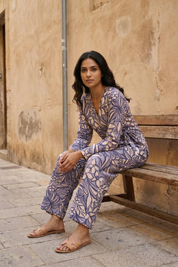 Navy Blue V-Neck Viscose Rayon Printed Co-Ords Set For Women