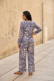 Navy Blue V-Neck Viscose Rayon Printed Co-Ords Set For Women