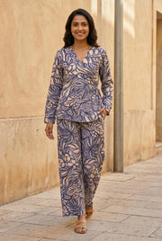Navy Blue V-Neck Viscose Rayon Printed Co-Ords Set For Women