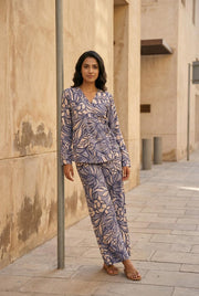 Navy Blue V-Neck Viscose Rayon Printed Co-Ords Set For Women