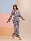 Blue Floral V-Neck Viscose Rayon Angrakha Wrap Co-Ords Set For Women