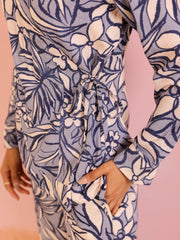 Navy Blue Abstract Print V-Neck Co-Ord Set For Women