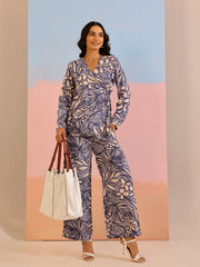 Navy Blue Abstract Print V-Neck Co-Ord Set For Women