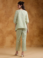Green Motif Print V-Neck Pure Cotton Co-Ord Set For Women
