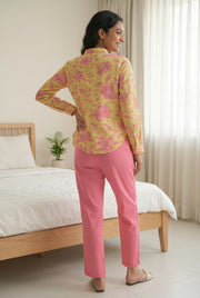 Mustard Mandarin Collar Printed Cotton Co-Ords Set For Women