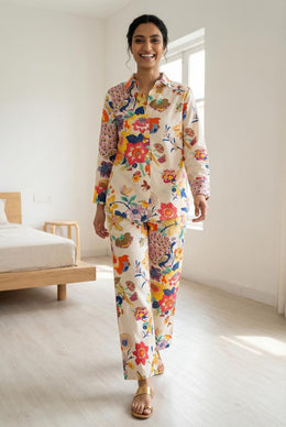 Off White Printed Shirt Collar Pure Cotton Co-Ords Set For Women