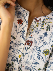 White Floral Print Mandarin Collar Pure Cotton Co-Ords Set For Women
