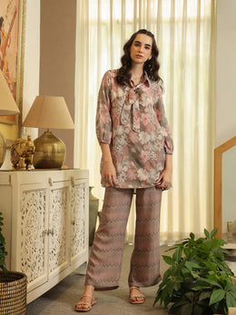 Green Shirt Collar Pure Cotton Tunic Printed Co-ords Set for Women - SanskrutiHomes 