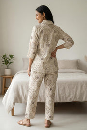 White Shawl Neck Printed Pure Cotton Co-Ords Set For Women