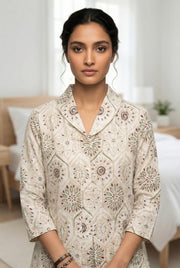 White Shawl Neck Printed Pure Cotton Co-Ords Set For Women