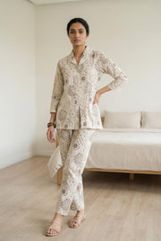 White Shawl Neck Printed Pure Cotton Co-Ords Set For Women