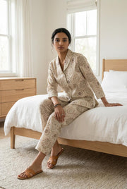 White Shawl Neck Printed Pure Cotton Co-Ords Set For Women