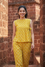 Yellow Round Neck Printed Pure Cotton Co-Ord Set For Women