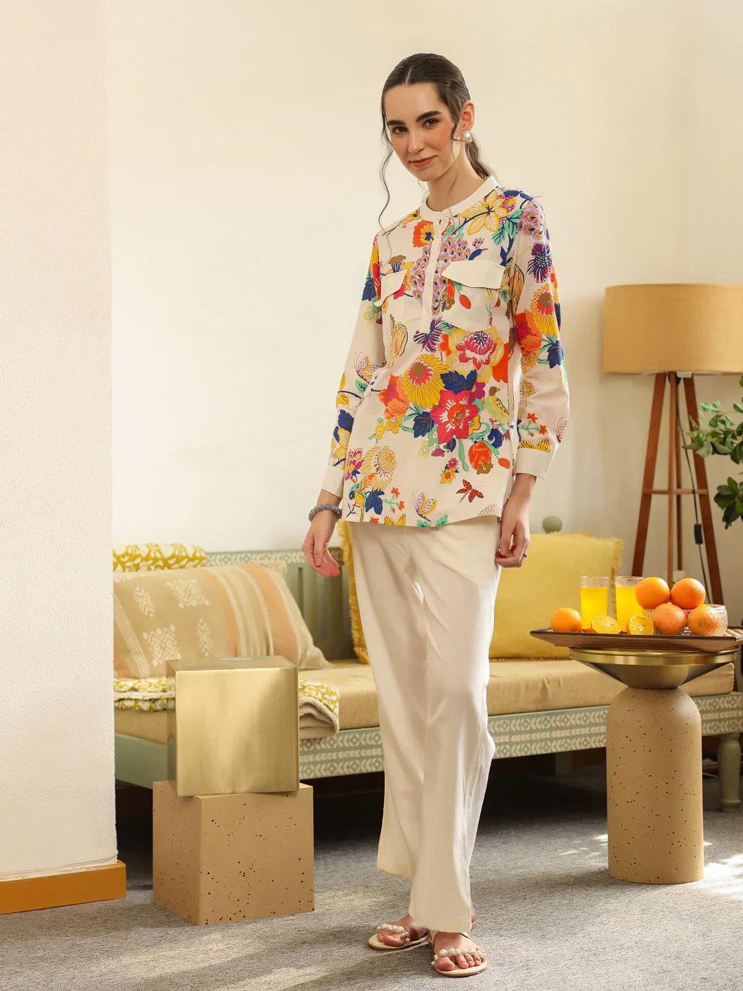 White Shirt Collar Pure Cotton Top Printed Co-ords Set for Women - SanskrutiHomes 