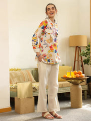 White Shirt Collar Pure Cotton Top Printed Co-ords Set for Women - SanskrutiHomes 