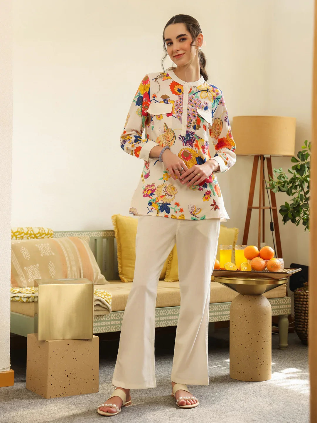 White Shirt Collar Pure Cotton Top Printed Co-ords Set for Women - SanskrutiHomes 