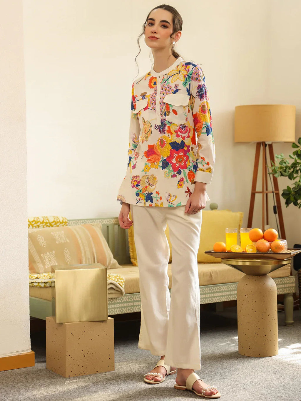 White Shirt Collar Pure Cotton Top Printed Co-ords Set for Women - SanskrutiHomes 