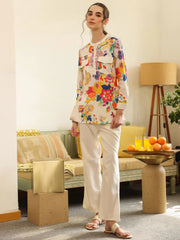 White Shirt Collar Pure Cotton Top Printed Co-ords Set for Women - SanskrutiHomes 