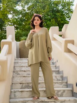 Beige Viscose Rayon Solid V-Neck Co-ords Set for Women - SanskrutiHomes 